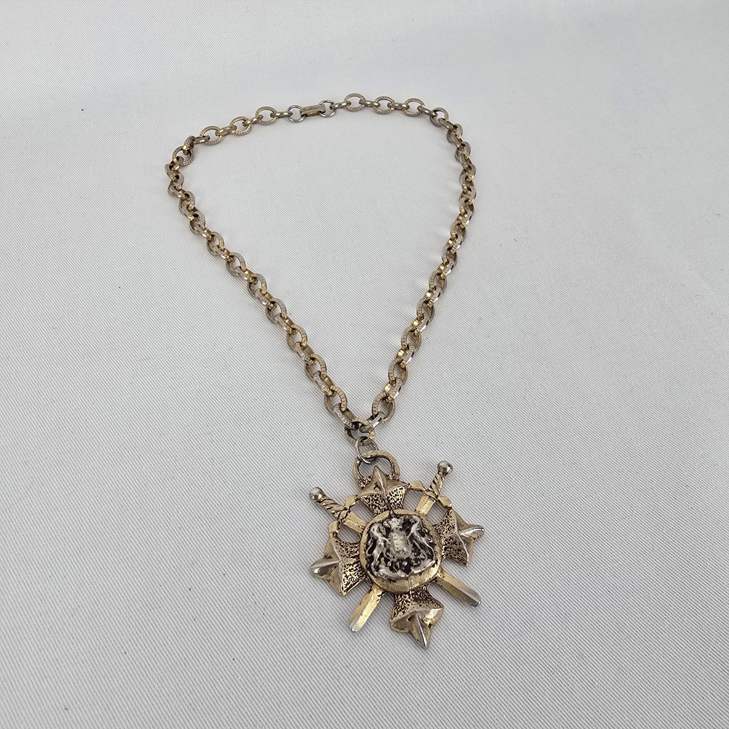 Vintage Gold Tone Shield Medieval Pendant Necklace