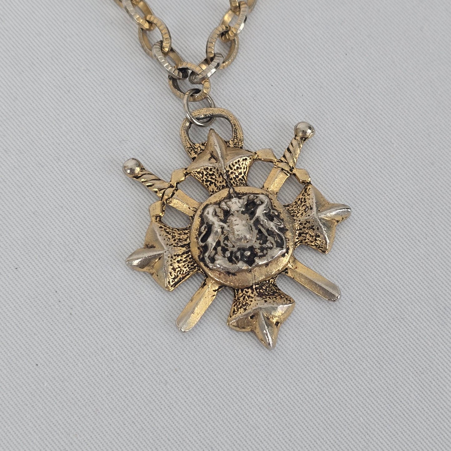 Vintage Gold Tone Shield Medieval Pendant Necklace