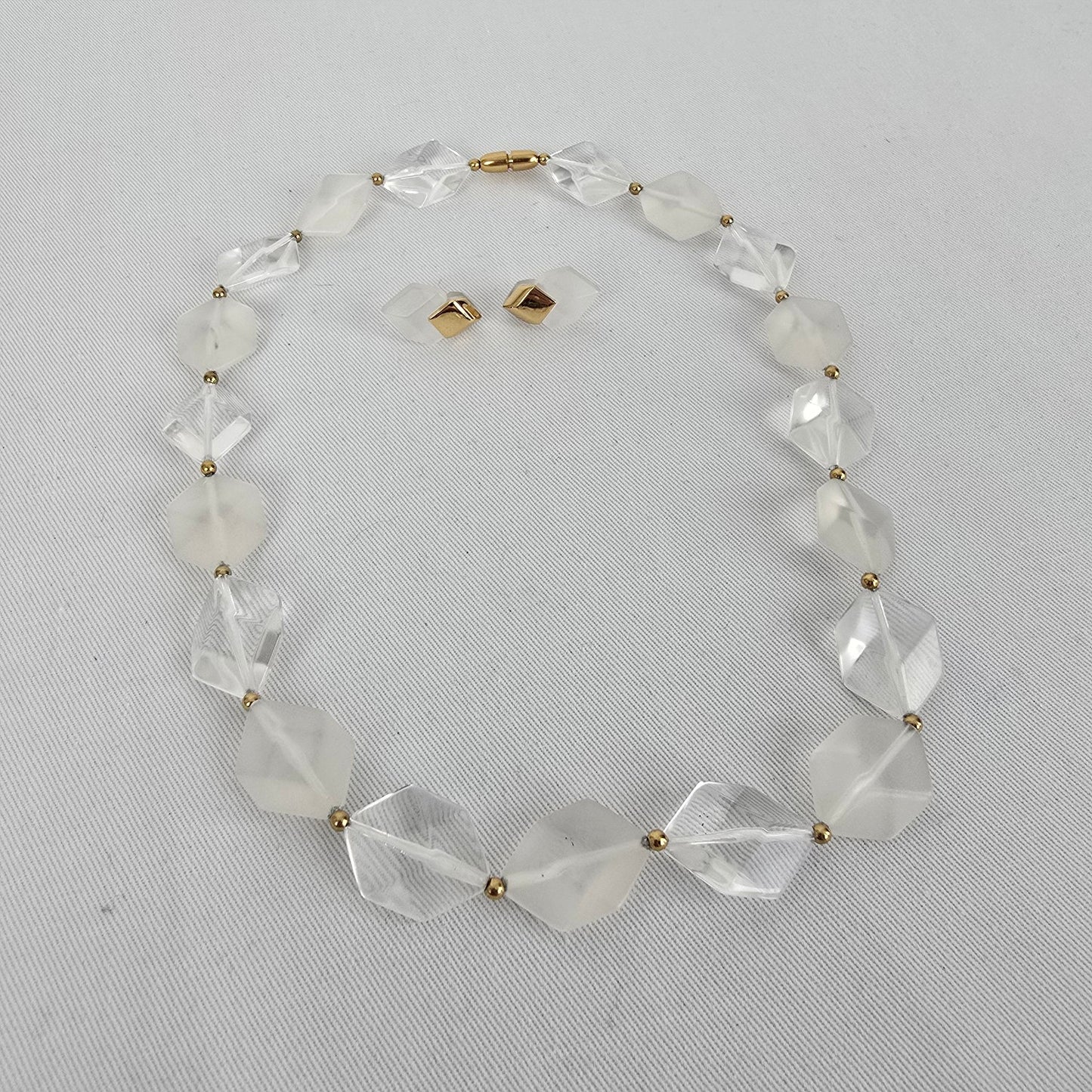 Vintage Avon Clear and Frosted Geometric Bead Necklace & Earring Set