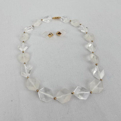 Vintage Avon Clear and Frosted Geometric Bead Necklace & Earring Set