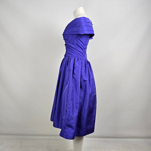 Vintage Petites by Demaro Blue Taffeta Off The Shoulder Party Dress Size S