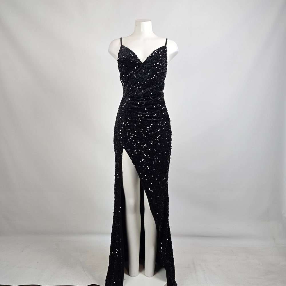 Ricarica Black Sequined High Slit Long Gown Size M