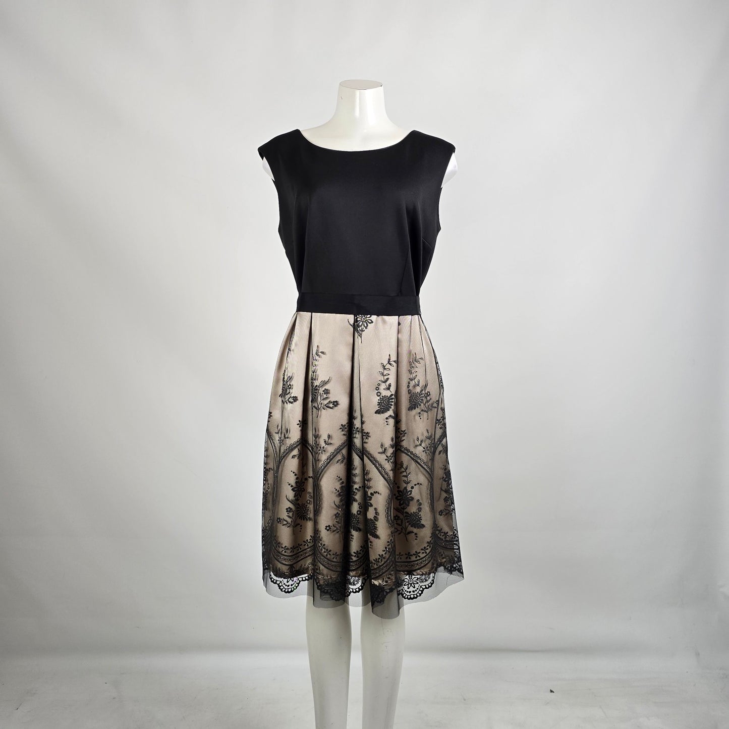 Attitude Black & Nude Lace Overlay Fit & Flare Skirt Dress Size 12