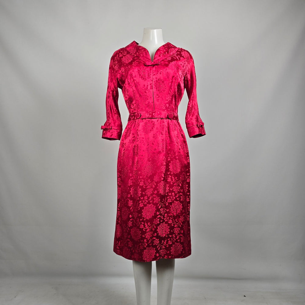 Vintage Red Floral Belted Midi Dress Size S/M