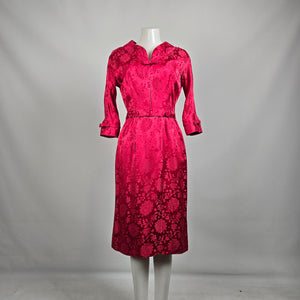 Vintage Red Floral Belted Midi Dress Size S/M