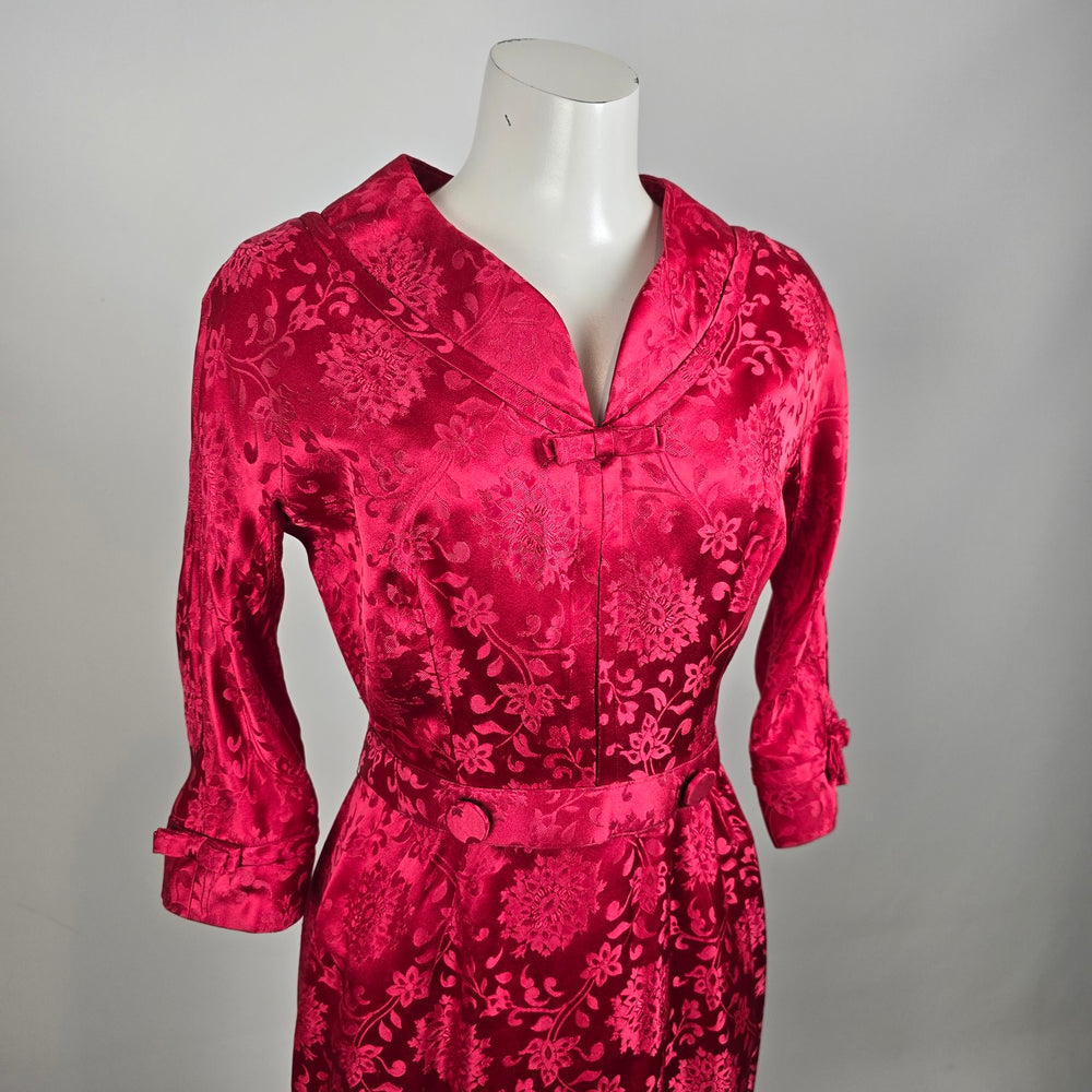 Vintage Red Floral Belted Midi Dress Size S/M