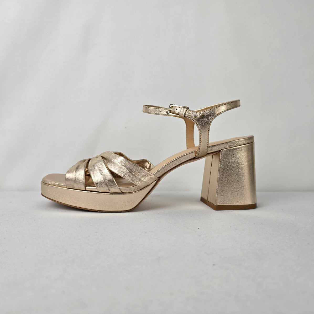 Reformation Gold Leather Maize Platform Heeled Sandals Size 10