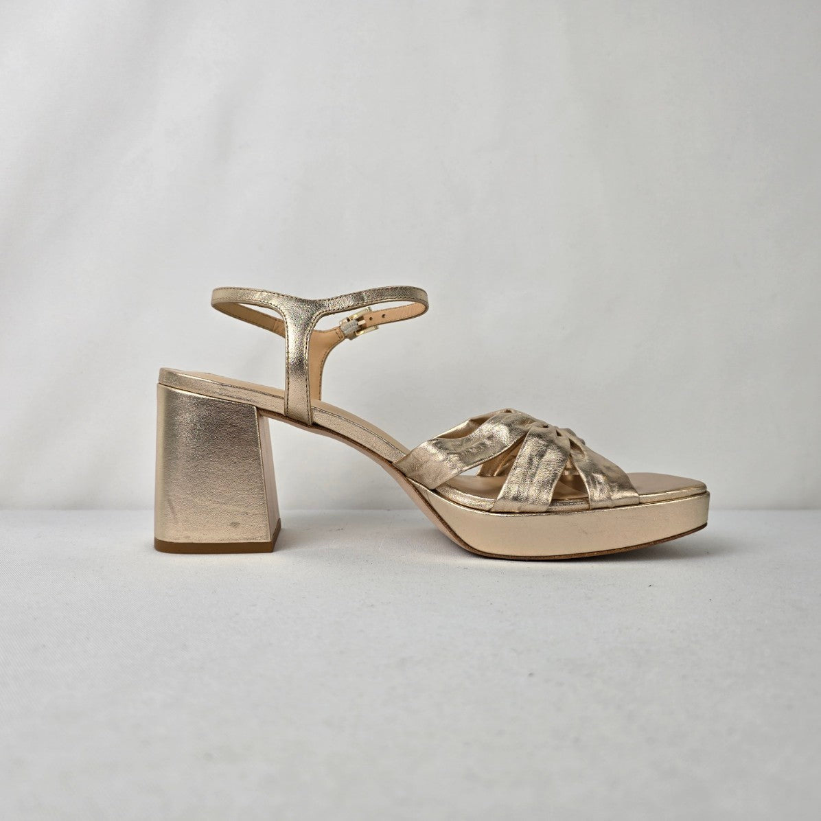 Reformation Gold Leather Maize Platform Heeled Sandals Size 10