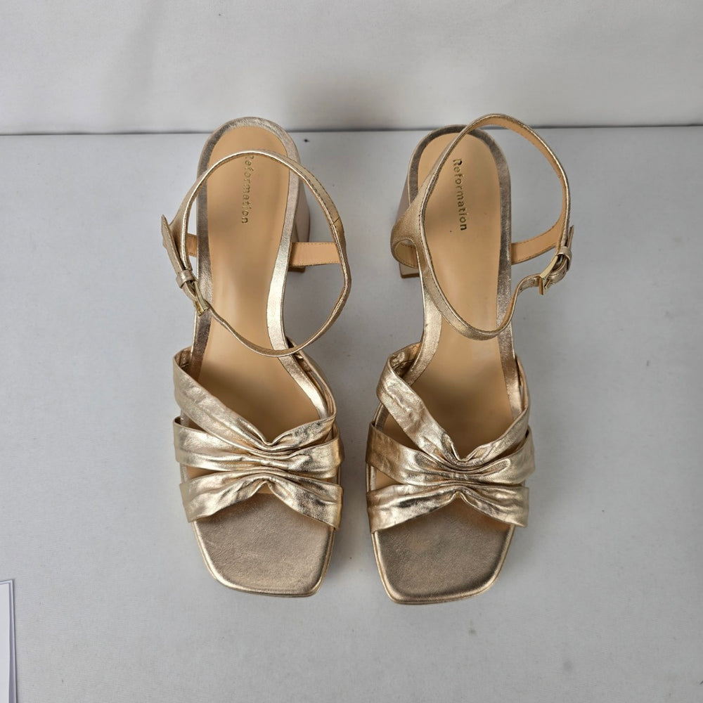 Reformation Gold Leather Maize Platform Heeled Sandals Size 10