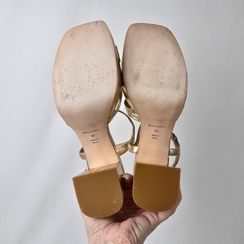 Reformation Gold Leather Maize Platform Heeled Sandals Size 10