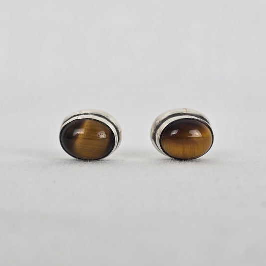 Sterling Silver 925 Tiger Eye Stud Earrings Brown Gemstone Oval Minimalist