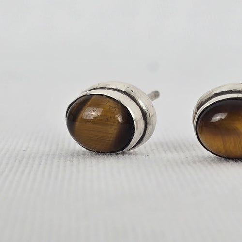 Sterling Silver 925 Tiger Eye Stud Earrings Brown Gemstone Oval Minimalist
