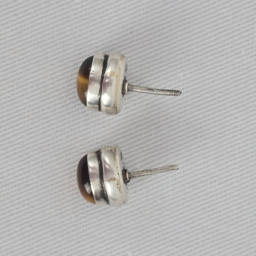 Sterling Silver 925 Tiger Eye Stud Earrings Brown Gemstone Oval Minimalist