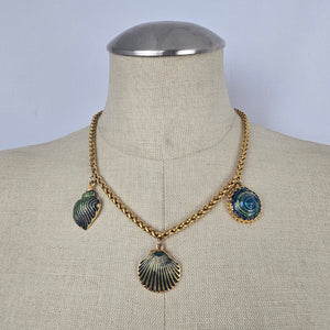Crazy Horse Chunky Gold Chain Necklace Enamel Shell Charms Blue Green Statement