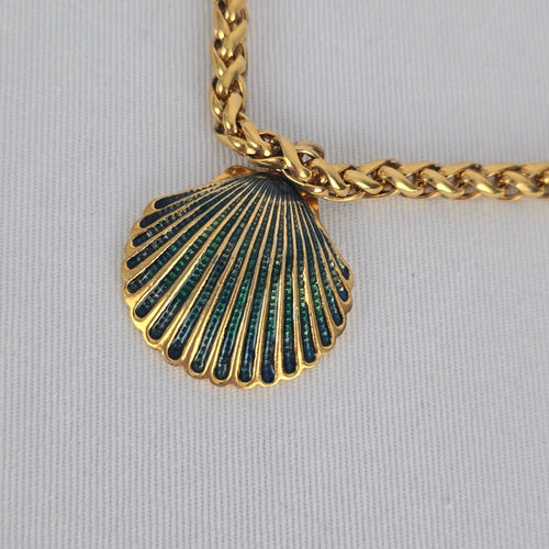 Crazy Horse Chunky Gold Chain Necklace Enamel Shell Charms Blue Green Statement
