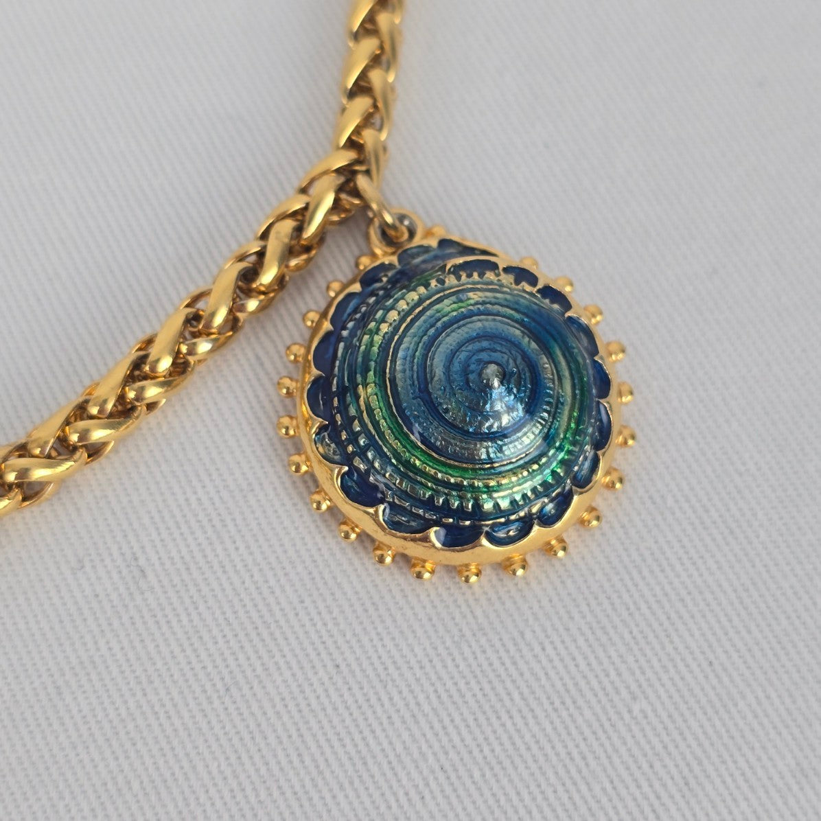 Crazy Horse Chunky Gold Chain Necklace Enamel Shell Charms Blue Green Statement