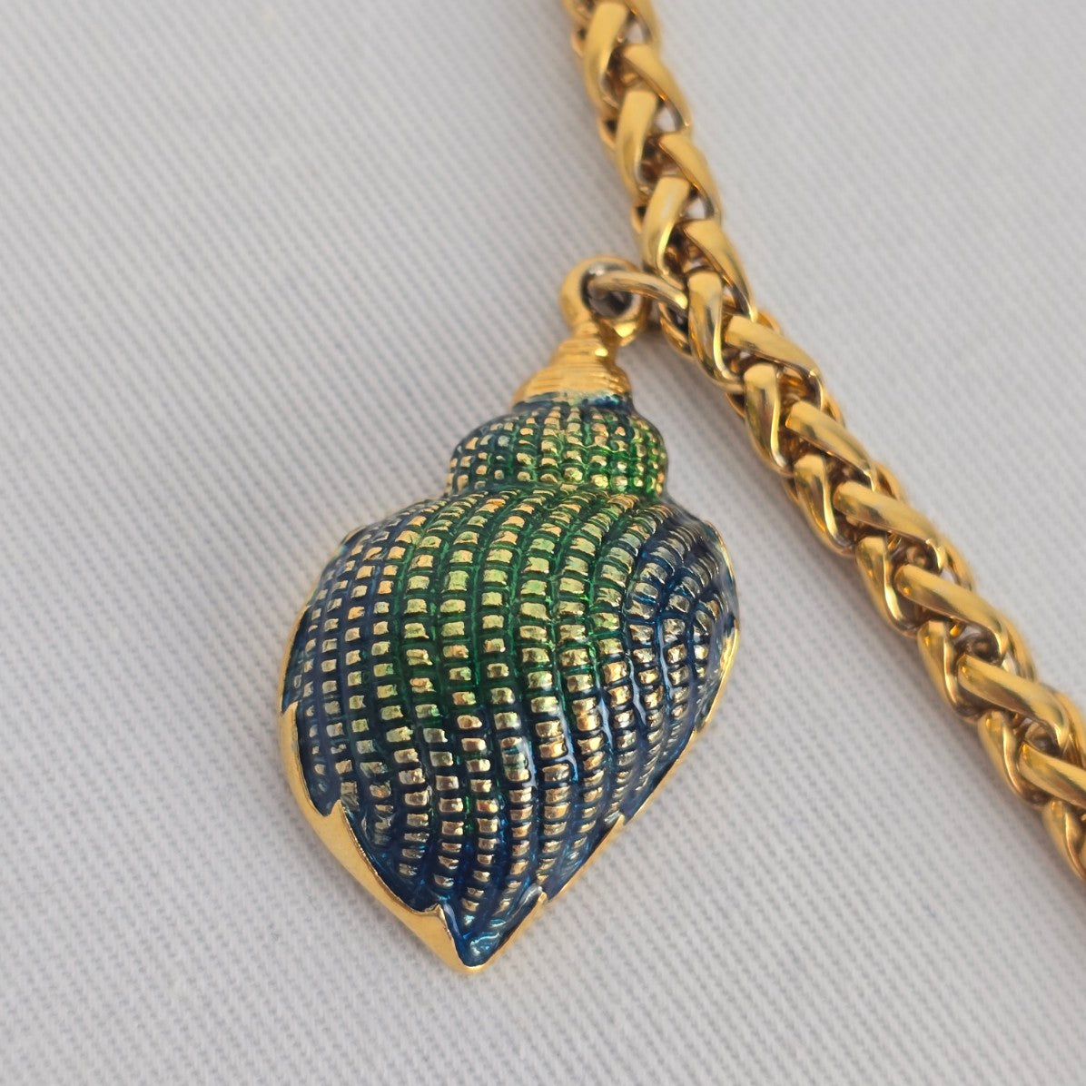 Crazy Horse Chunky Gold Chain Necklace Enamel Shell Charms Blue Green Statement