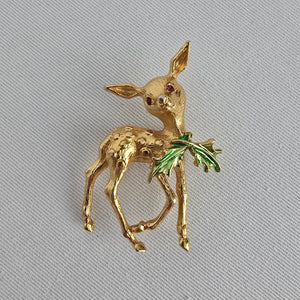 Vintage Deer Pin Gold Tone Fawn Brooch Green Enamel Leaf Rhinestone Eyes Cute