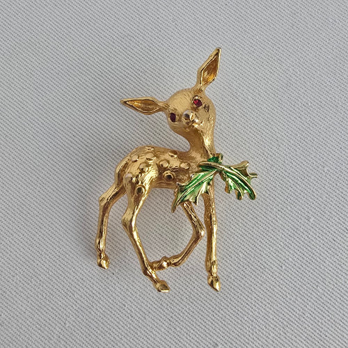 Vintage Deer Pin Gold Tone Fawn Brooch Green Enamel Leaf Rhinestone Eyes Cute