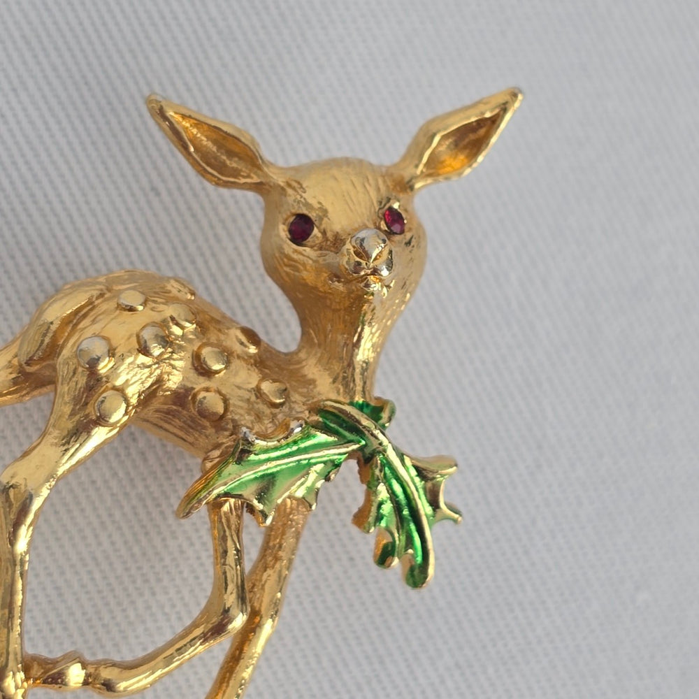 Vintage Deer Pin Gold Tone Fawn Brooch Green Enamel Leaf Rhinestone Eyes Cute
