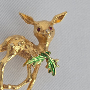 Vintage Deer Pin Gold Tone Fawn Brooch Green Enamel Leaf Rhinestone Eyes Cute