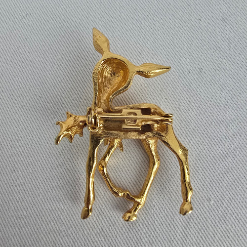 Vintage Deer Pin Gold Tone Fawn Brooch Green Enamel Leaf Rhinestone Eyes Cute