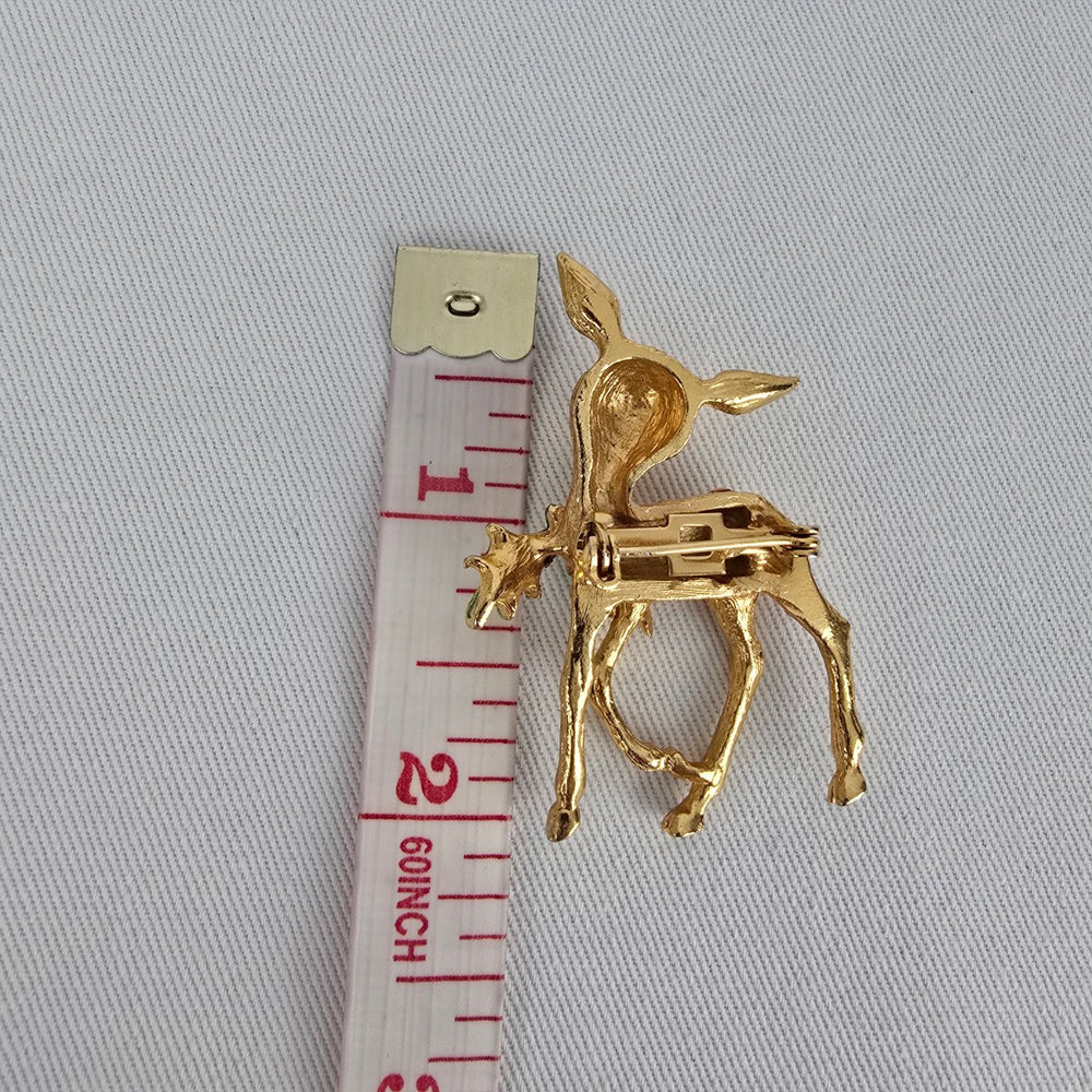Vintage Deer Pin Gold Tone Fawn Brooch Green Enamel Leaf Rhinestone Eyes Cute