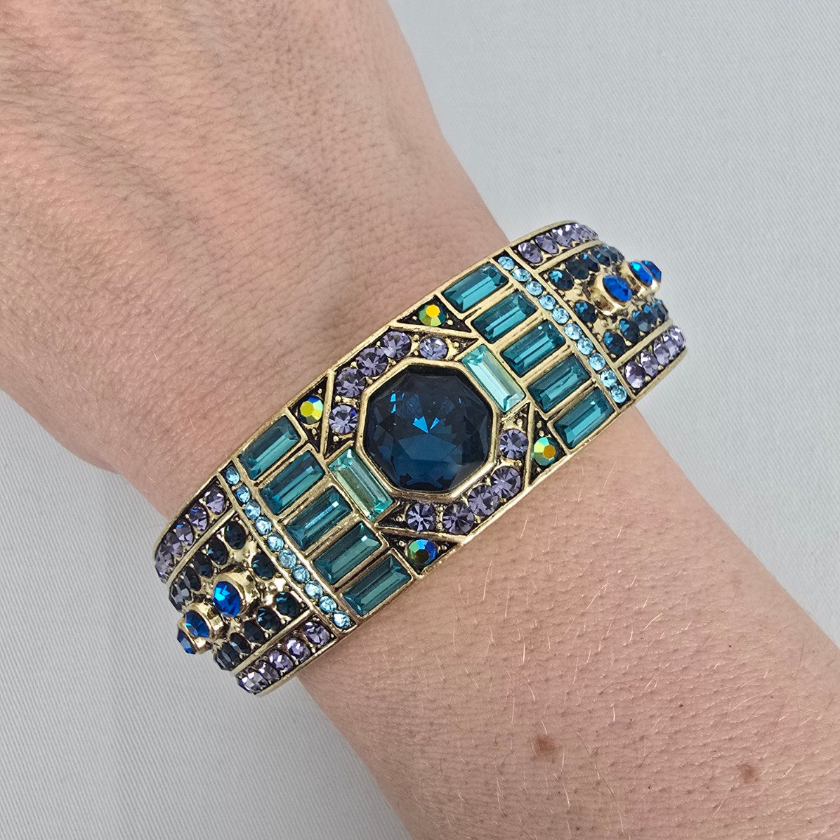 Heidi Daus Blue Purple Crystal Cuff Bracelet Gold Tone Wide Hinged Statement