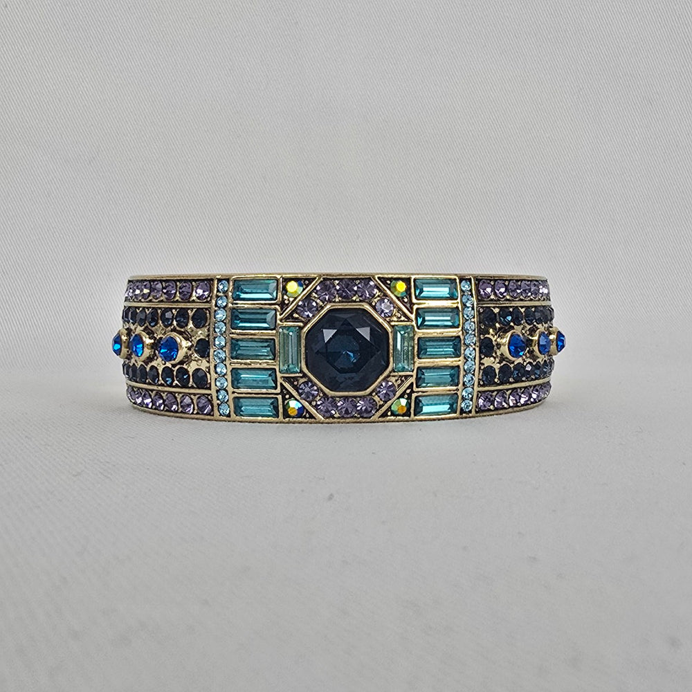 Heidi Daus Blue Purple Crystal Cuff Bracelet Gold Tone Wide Hinged Statement