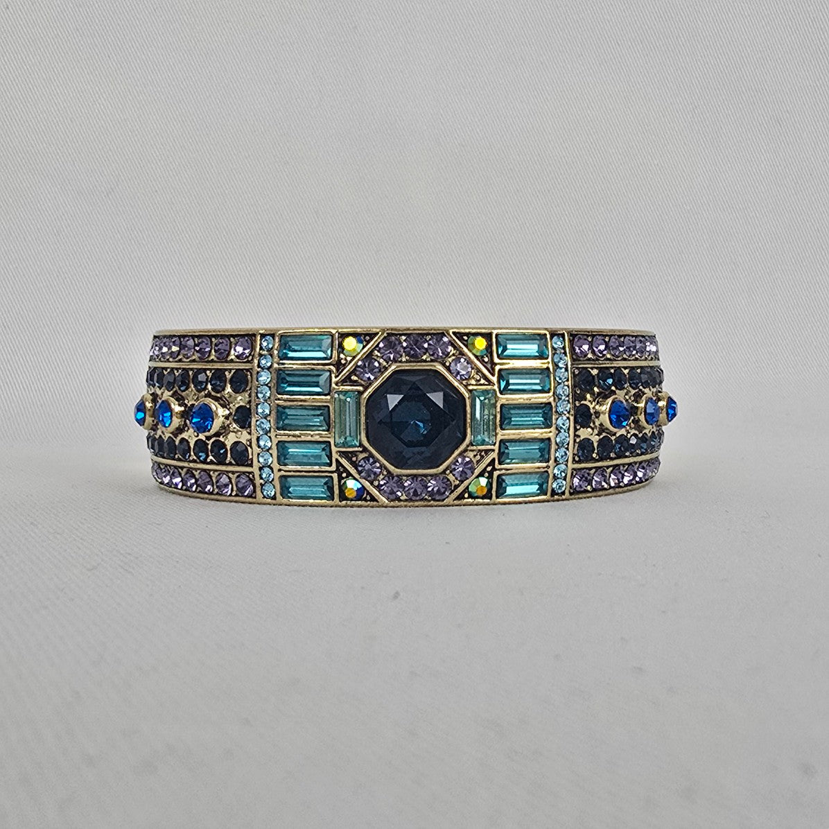 Heidi Daus Blue Purple Crystal Cuff Bracelet Gold Tone Wide Hinged Statement