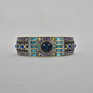 Heidi Daus Blue Purple Crystal Cuff Bracelet Gold Tone Wide Hinged Statement