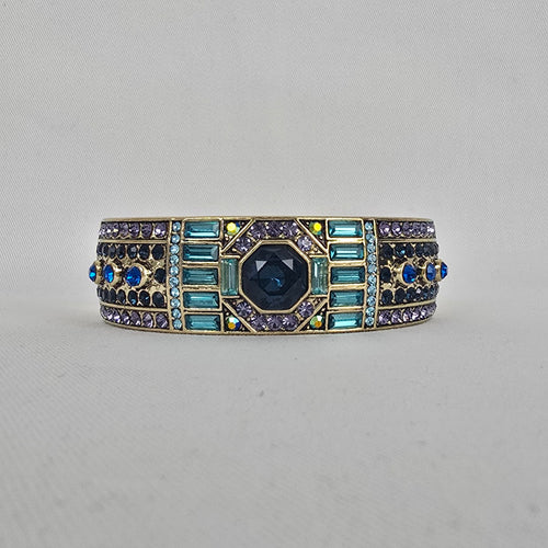 Heidi Daus Blue Purple Crystal Cuff Bracelet Gold Tone Wide Hinged Statement