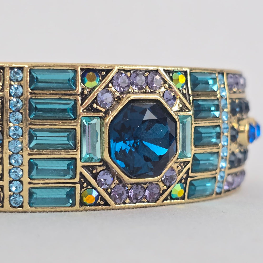 Heidi Daus Blue Purple Crystal Cuff Bracelet Gold Tone Wide Hinged Statement