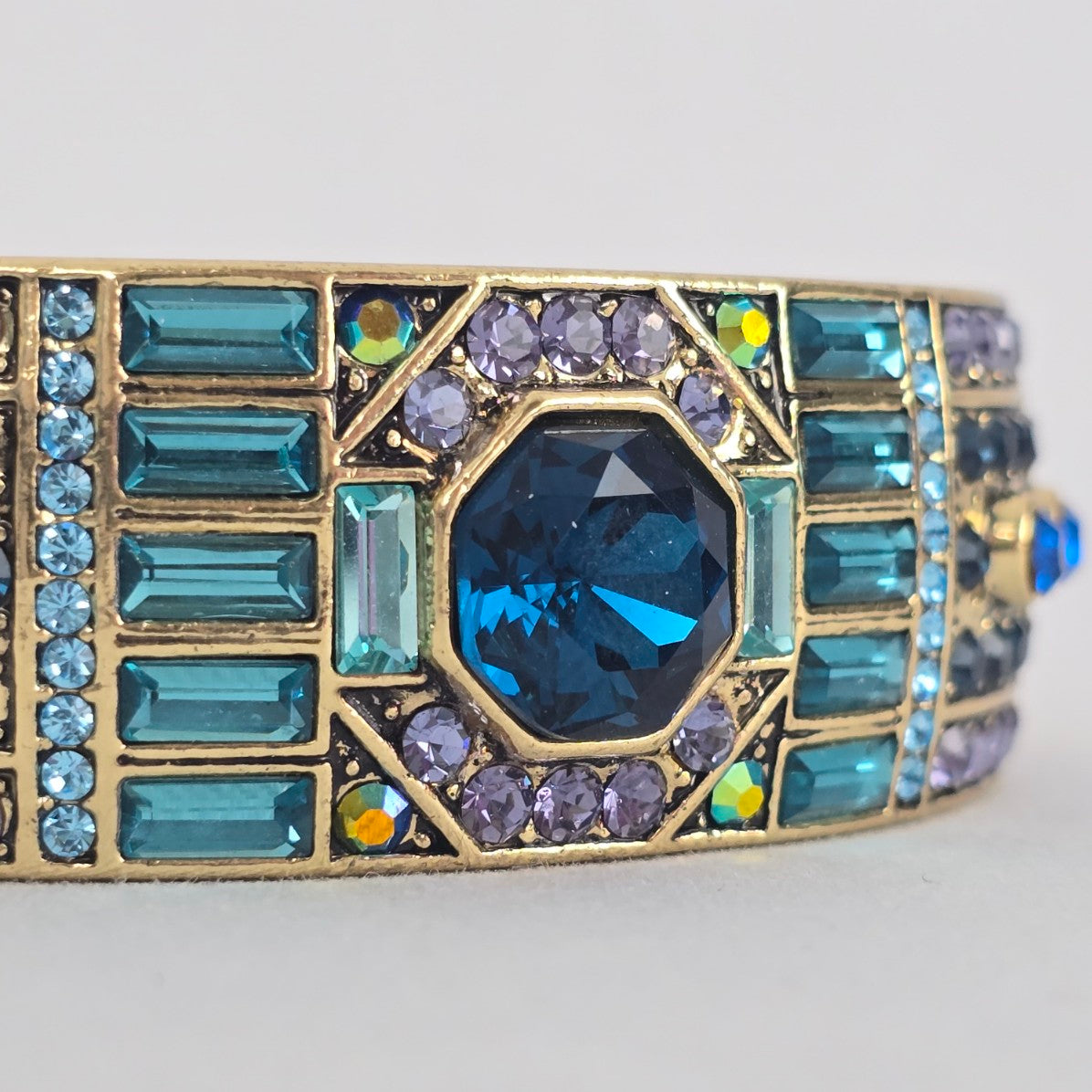 Heidi Daus Blue Purple Crystal Cuff Bracelet Gold Tone Wide Hinged Statement