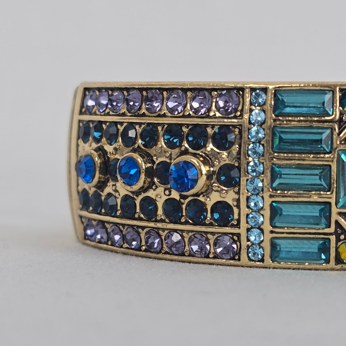 Heidi Daus Blue Purple Crystal Cuff Bracelet Gold Tone Wide Hinged Statement
