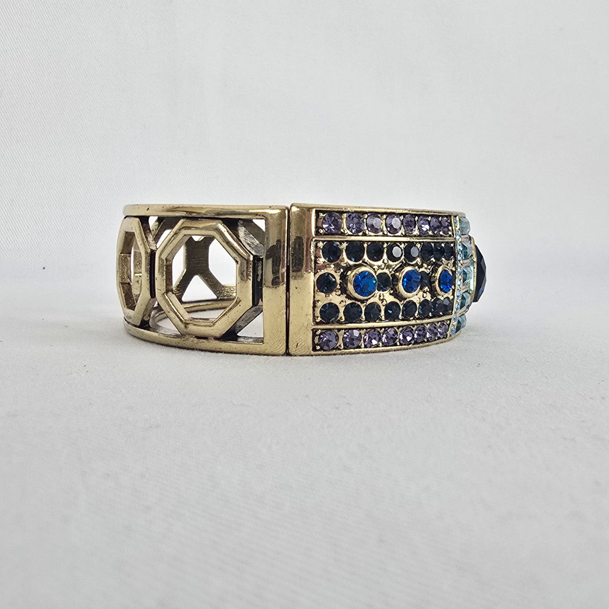 Heidi Daus Blue Purple Crystal Cuff Bracelet Gold Tone Wide Hinged Statement