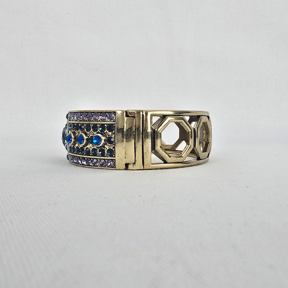 Heidi Daus Blue Purple Crystal Cuff Bracelet Gold Tone Wide Hinged Statement