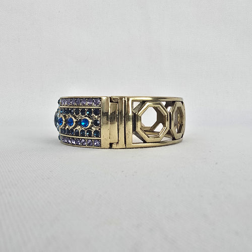 Heidi Daus Blue Purple Crystal Cuff Bracelet Gold Tone Wide Hinged Statement
