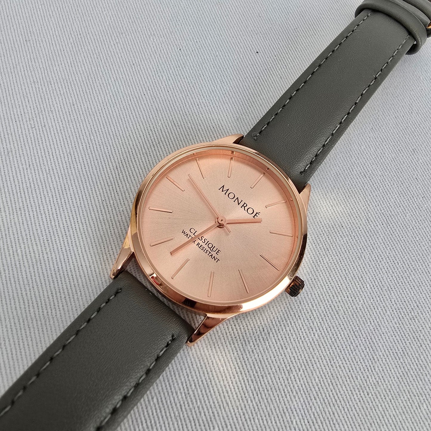 Monroe Rose Gold Grey Leather Band Watch