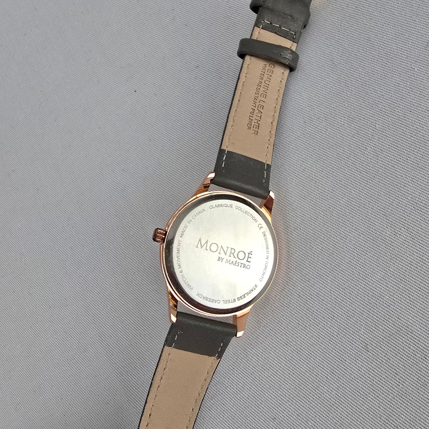 Monroe Rose Gold Grey Leather Band Watch