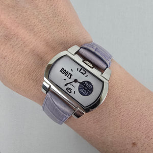 Roots Silver Tone Lavender Leather Strap Watch
