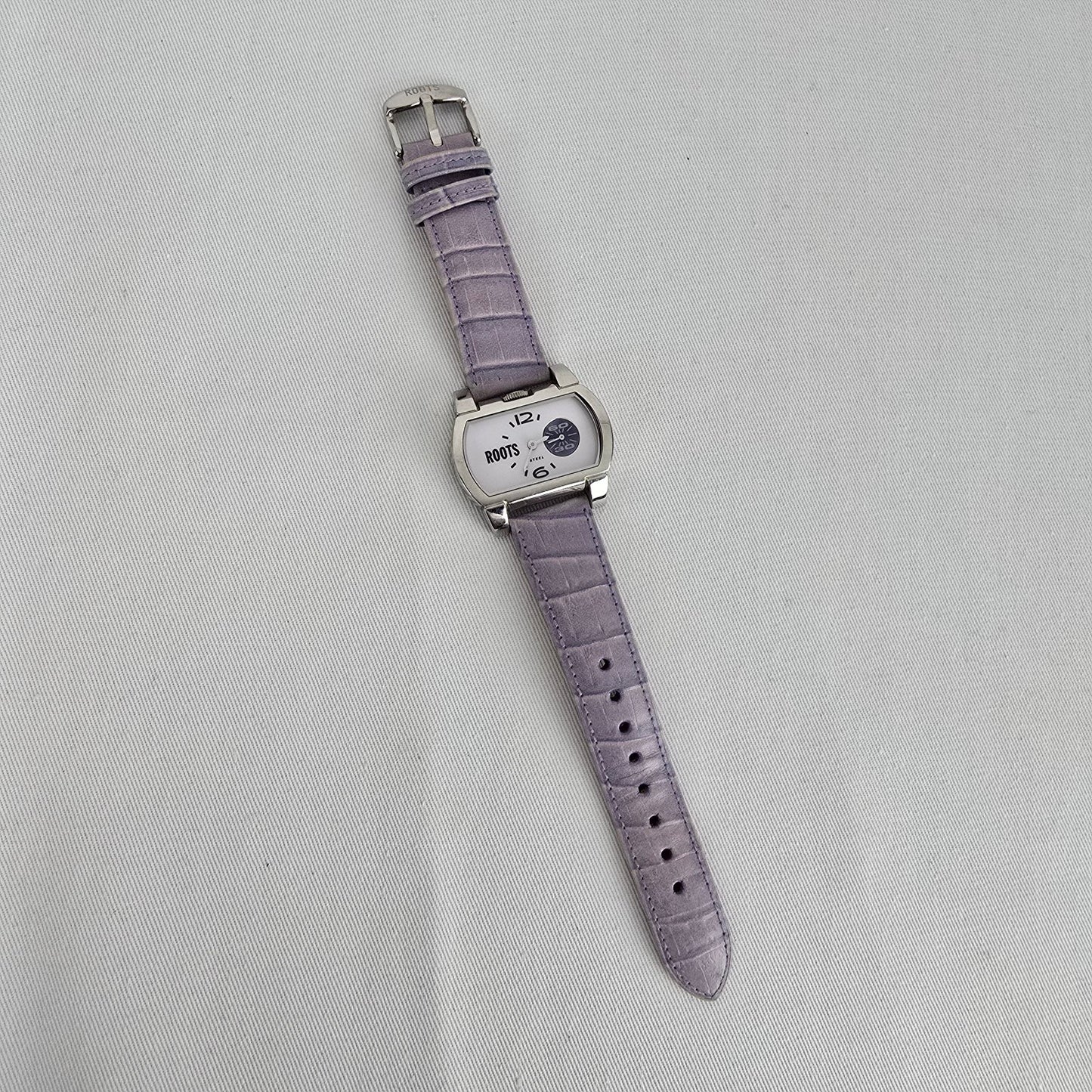 Roots Silver Tone Lavender Leather Strap Watch