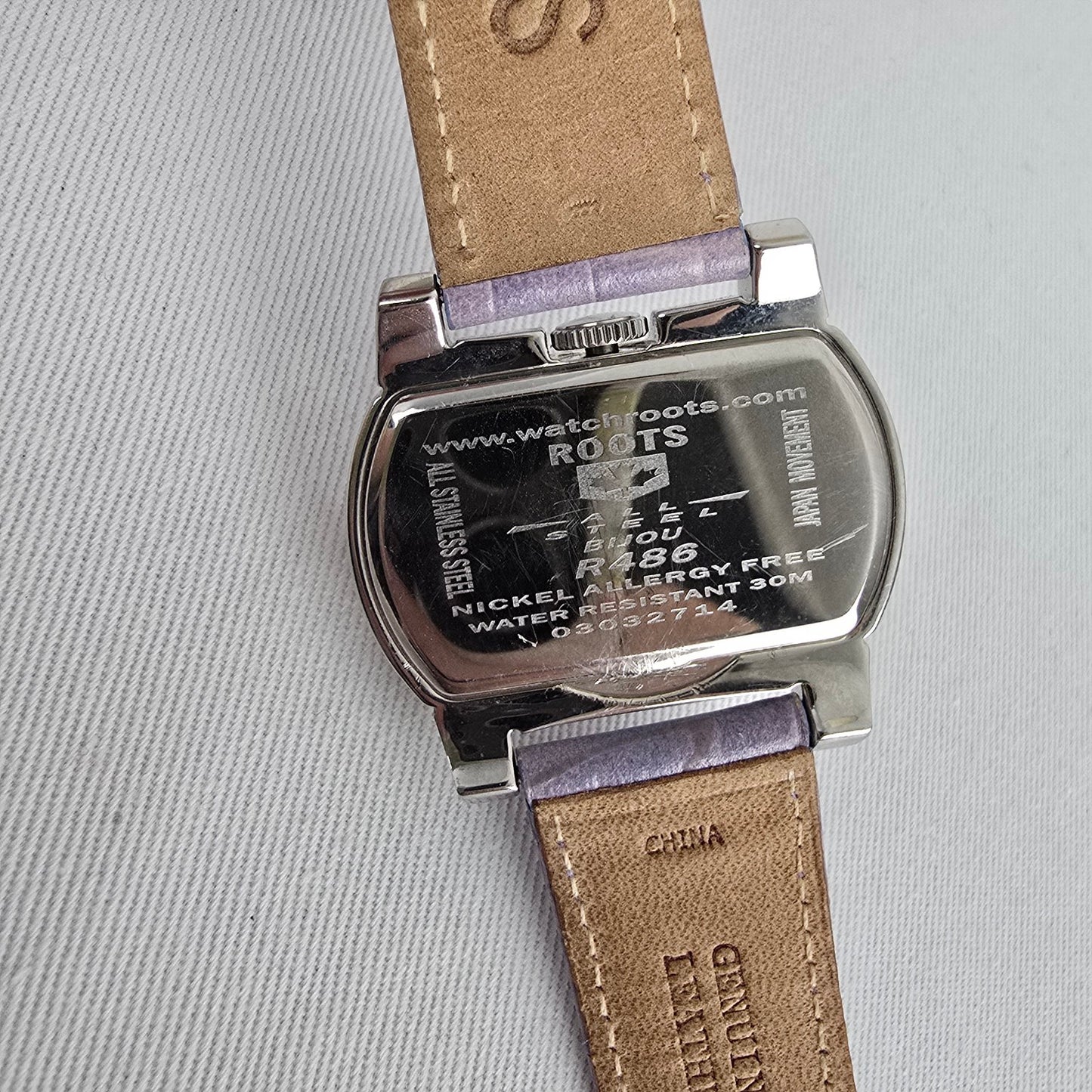 Roots Silver Tone Lavender Leather Strap Watch