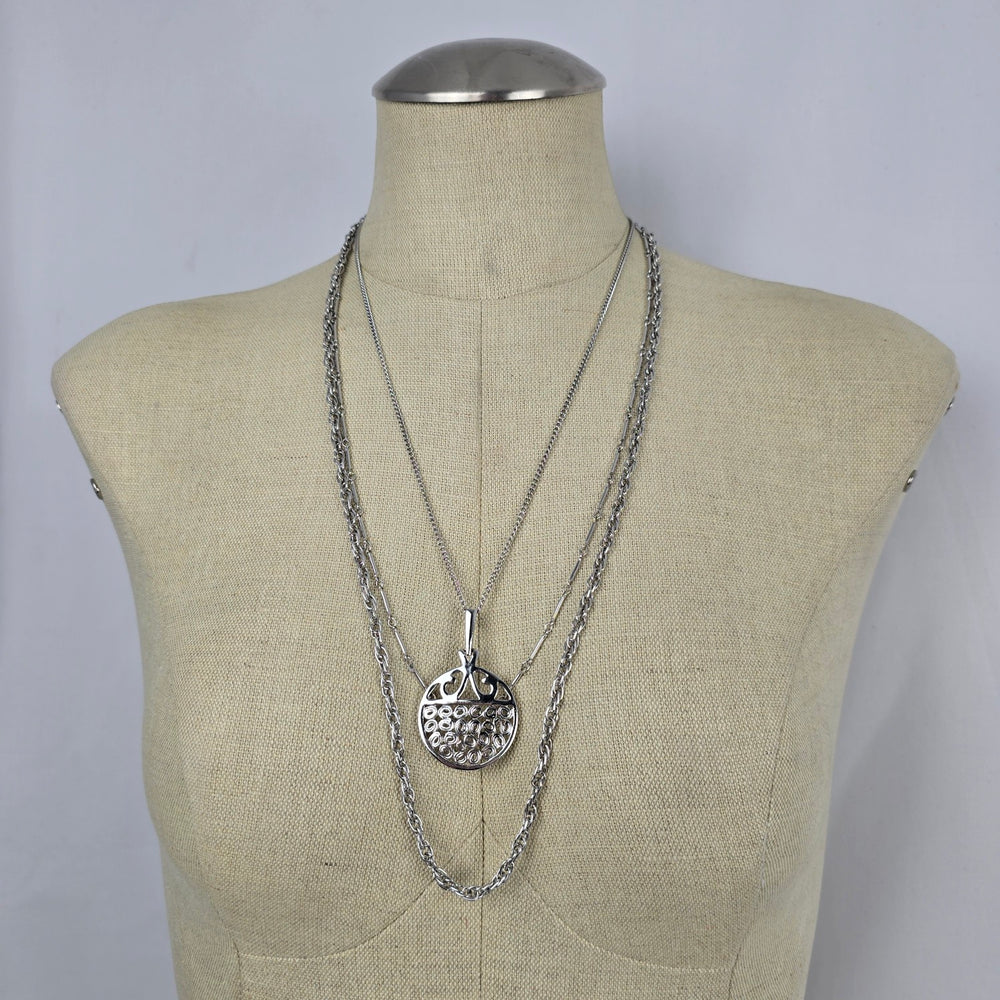 Vintage Silver Tone Layered Chain Pendant Necklace