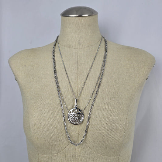 Vintage Silver Tone Layered Chain Pendant Necklace