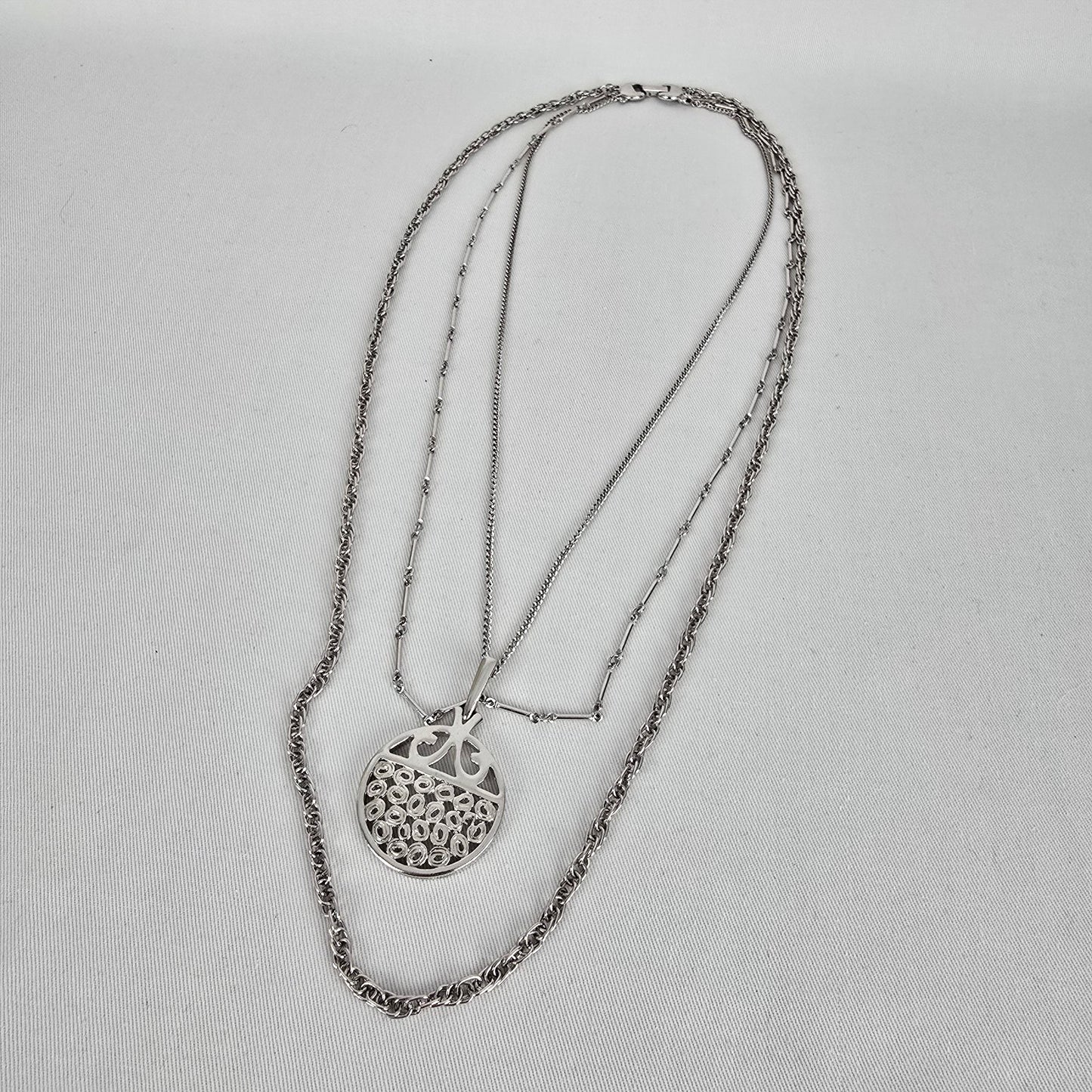Vintage Silver Tone Layered Chain Pendant Necklace