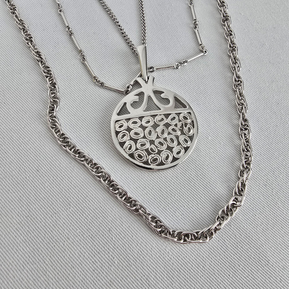 Vintage Silver Tone Layered Chain Pendant Necklace