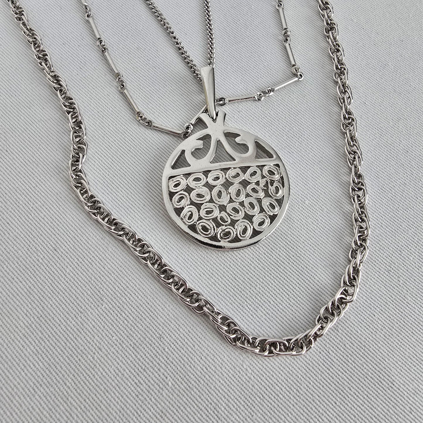 Vintage Silver Tone Layered Chain Pendant Necklace