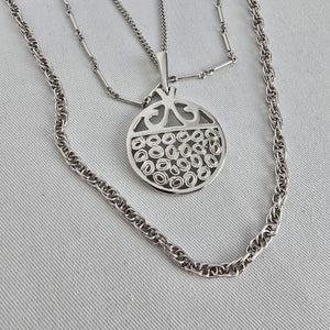Vintage Silver Tone Layered Chain Pendant Necklace