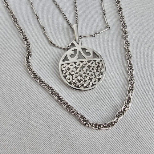 Vintage Silver Tone Layered Chain Pendant Necklace